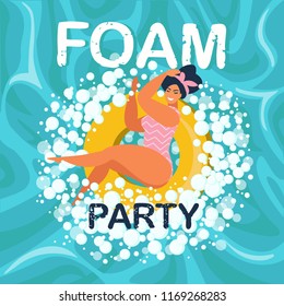 Foam party girl on inflatable swimming pool float. Vector illustration.
