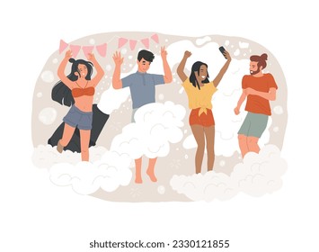 Foam party isolated concept vector illustration. Dancing in bubles and suds, foam party entertainment, wet t-shirts, swimming suits, dance floor, festival in aquapark, open air vector concept.