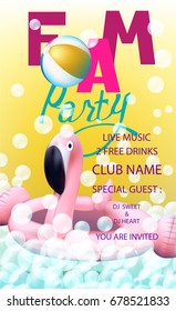 Foam party poster with inflatable toys in bubbles. Vector illustration