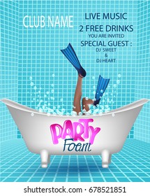 Foam party poster with view of bathroom with girl in flippers inside and bubbles. Vector illustration