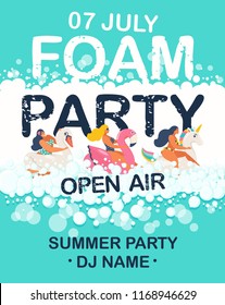 Foam Party summer Open Air. Flamingo, unicorn, swan inflatable swimming pool floats. Vector pattern.