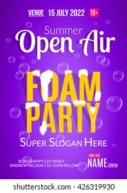 Foam Party summer Open Air. Beach foam party poster or flyer design template.
