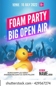 Foam Party summer Open Air. Foam party poster or flyer design template with people silhouettes and duckling toy.