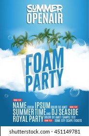 Foam Party summer Open Air. Beach pool foam party poster or flyer design banner template.