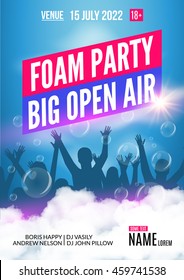 Foam Party summer Open Air. Foam party poster or flyer design template open air with youth people silhouette.