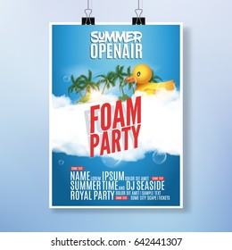 Foam Party summer Open Air. Beach foam party tropical poster or flyer design template with duckling toy.