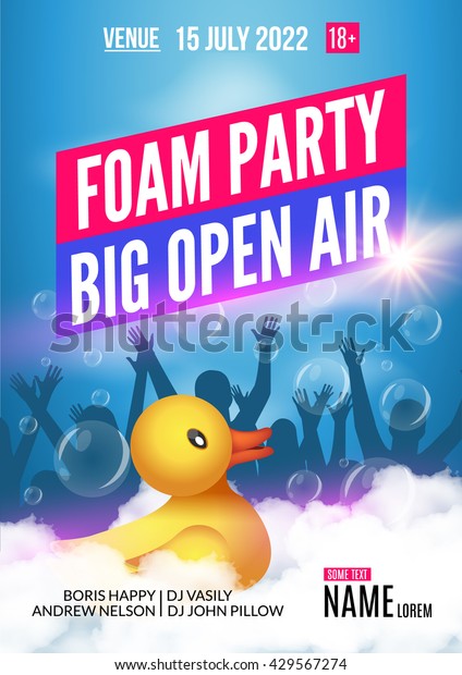 Foam Party\
summer Open Air. Foam party poster or flyer design template with\
people silhouettes and duckling\
toy.