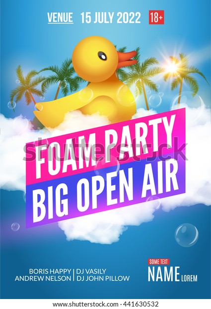 Foam Party summer Open Air
club. Beach night party foam party poster or flyer dance design
template.