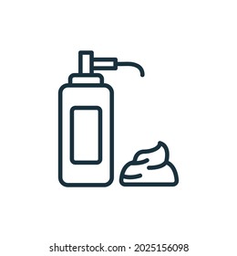 Foam Pump Bottle for Shave Line Icon. Package for Lotion, Gel, Cream Linear Pictogram. Container For Hair Care Product. Cleansing Foam Bottle Icon. Editable Stroke. Isolated Vector Illustration.