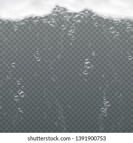 Foam with pure oxygen bubbles under water isolated on transparent background. Soap, gel or shampoo bubbles underwater texture. Vector realistic soda effect pattern.
