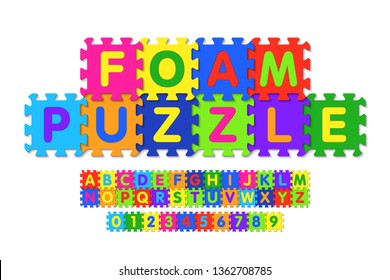 Foam puzzle font design, alphabet letters and numbers vector illustration