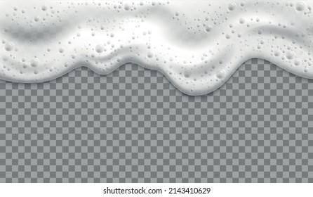 Foam realistic composition white foam flowing down from top to bottom into transparent background vector illustration