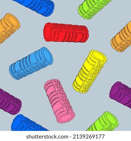 Foam Roller for the body. Massage and stretching. Gym. Equipment. Fitness routine. Active lifestyle. Digital illustration. Endless repeatable pattern. Seamless. High resolution. Vector EPS10 and IPG