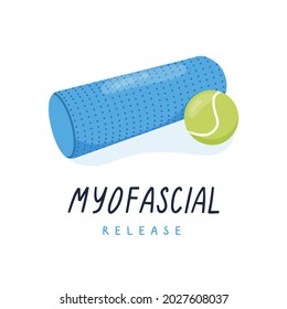 Foam roller for myofascial release, yoga, pilates. Equipment for alternative medicine and physiotherapy. Vector illustration.