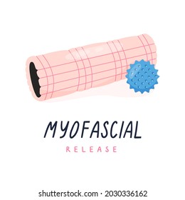 Foam roller and trigger point ball for myofascial release, yoga, pilates. Equipment for alternative medicine and physiotherapy. Vector illustration.