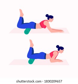 Foam Roller Workout. women exercise vector set. Women doing fitness and yoga exercises with Foam Roller. 