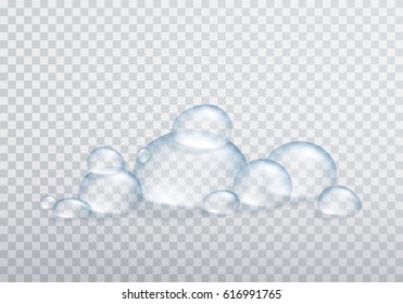 Foam Or Shampoo Bubbles Isolated On Transparent Background. Vector Shower Gel, Foam, Liquid Soap Water Bubbles Template.
