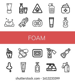 foam simple icons set. Contains such icons as Shaving brush, Soap, Beer, Hand washing, Fire sign, Liquid soap, Gel, Antiseptic, Foam hand, can be used for web, mobile and logo