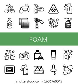 foam simple icons set. Contains such icons as Hand sanitizer, Liquid soap, Soap, Mattress, Hand wash, Fire extinguisher, Fire sign, Bubbles, can be used for web, mobile and logo