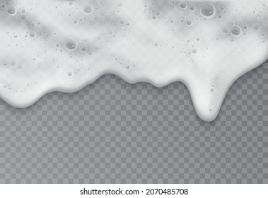 Foam with soap or beer bubbles, top view vector illustration. 3d realistic border texture of summer ocean water foamy wave on beach, shower shampoo soapy suds, beer drink on transparent background