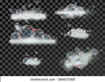 Espuma en burbujas de jabón en un fondo de malla aislado. Espumosa de champú y ilustración vectorial de espuma de baño.