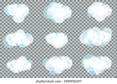 Espuma. Se preparan burbujas de jabón. Shampoo, detergente, polvo de lavado. Limpieza e higiene. Conjunto de bolas de jabón blancas de diferentes formas sobre un fondo transparente en el estilo de una caricatura. Imagen vectorial.