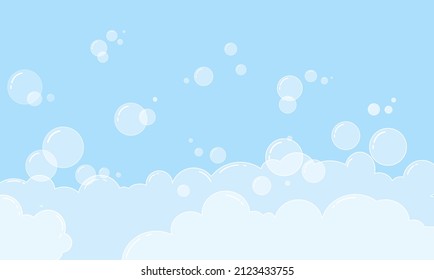 Foam and soap bubbles. Shampoo for washing in the bathroom. Bright blue background with rounded shapes. Vector illustration.	