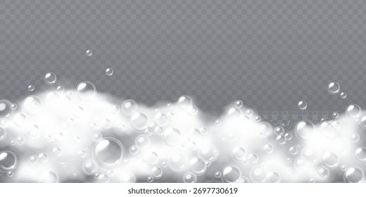 Espuma sabão sud borda com bolhas flutuantes e couro branco para projeto de banho ou chuveiro. Esferas transparentes, limpeza de textura e nuvens macias para produtos de lavagem ou decoração de fundo cosmética.