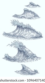 Foam and spray waves surf the ocean. Design set. Hand drawn engraving. Vector vintage illustration. Isolated on white background. 8 EPS