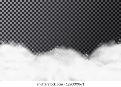 Foam texture with soap bubbles on transparent background. Bath foam background with shampoo or soap bubbles. Vector