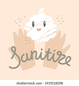 Espuma en dos manos. Cita sanitize.  Lavarse las manos. Prevención, protección, ahorro, cuidado, coronavirus, pandemia. Afiche, impresión, pegatina, diseño de tarjeta.   