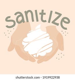 Schäume in zwei Händen. Zitat anisieren.  Händewaschen. Prävention, Schutz, Rettung, Pflege, Koronavirus, Pandemie. Poster, Druck, Aufkleber, Kartendesign.   
