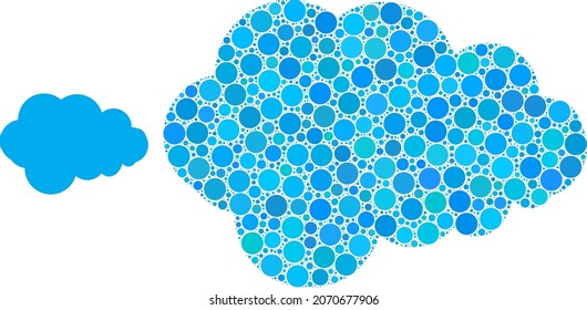 Foam vector collage of dots in different sizes and color tints. Circle dots are united into foam vector collage. Abstract vector illustration.