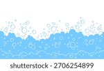 Foam and water bubble background for laundry or bath and soapy shower design. Clean suds and blue splash for hygiene concept. Bathroom graphic, liquid texture or abstract underwater vector border.