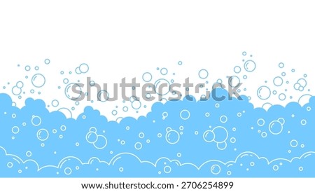 Foam and water bubble background for laundry or bath and soapy shower design. Clean suds and blue splash for hygiene concept. Bathroom graphic, liquid texture or abstract underwater vector border.