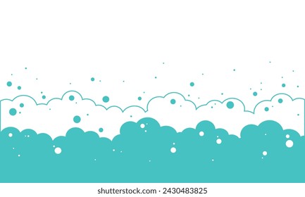 Foam water bubble frame, cartoon soap background, bath shampoo border, turquoise shower suds, blue cloud pattern. Washing laundry. Vector illustration