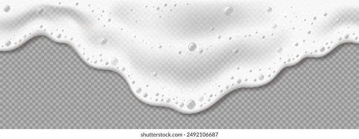 Foam wave flowing realistic vector illustration. Cleaning home. Chemical detergent froth pouring 3d object on transparent background