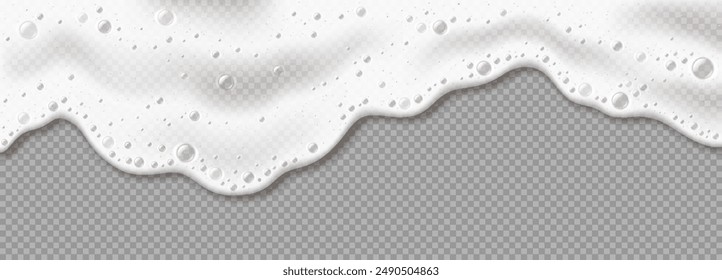 Flujo ondulado de espuma con Pequeñas burbujas de Ilustración vectorial realista. Rutina de limpieza. Producto cosmético espuma objeto 3d sobre fondo transparente