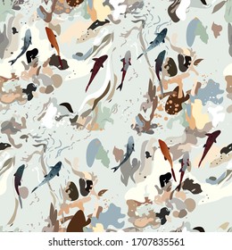 Agua espumosa y peces flotando en ella. Patrón vectorial sin fisuras dibujado a mano. Olas marinas. Bonito con pescado. Diseño cuadrado para tela y papel pintado.