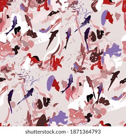 Foamed water and fish floating in it. Hand-drawn seamless vector pattern. Purple red color sea waves. Pond with fish. Square design for fabric and wallpaper.