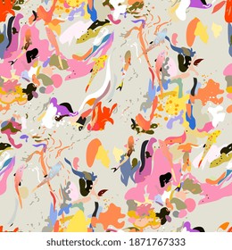 Foamed water and fish floating in it. Hand-drawn seamless vector pattern. Pink, yellow, beige color sea waves. Pond with fish. Square design for fabric and wallpaper.