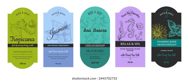 Producto cosmético de baño espumante, conjunto de diseño de etiqueta. Pegatina de higiene, jabón de spa con colección de ingredientes naturales. Aislado en la botella blanca de la insignia de la Plantilla, Ilustración vectorial