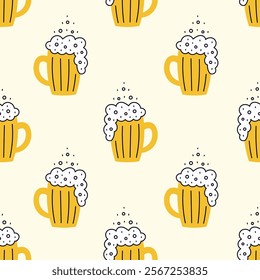 Foaming Beer Mug Seamless Pattern. Fizzy alcohol drink in yellow glass with bubbles and foam. Repeat vector illustration