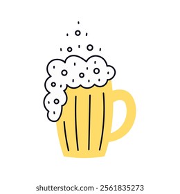 Foaming Beer Mug Vector illustration. Hand drawn cold drink in yellow cup. Playful flat design. Brewery pub bar icon symbol