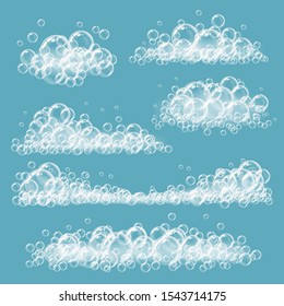 Foaming bubbles. Soapy transparent circles and balls white realistic vector foam templates. Foam water, detergent shampoo ball, bubble fresh clean illustration