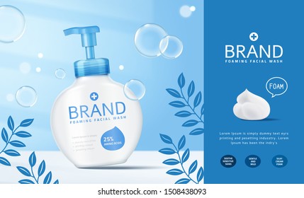 Foaming Facial Wash Pump Bottle Ads With Bubbles Effect In 3d Illustration