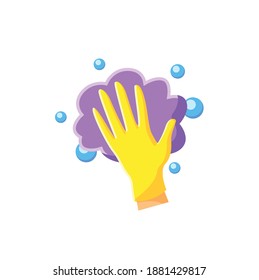 Foaming flat icon. Soaping, wiping. Housekeeper hand in glove, whipping foam pictogram. Wet cleaning. Housekeeping and surface disinfection concept. Color vector illustration