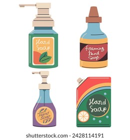 Foaming hand and body soap vector cartoon set isolated on a white background.