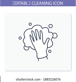 Foaming line icon. Soaping, wiping. Housekeeper hand in glove, whipping foam. Wet cleaning. Housekeeping and surface disinfection concept. Isolated vector illustration. Editable stroke 