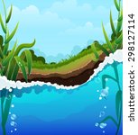 Foaming  river wave and aquatic plants. Air bubbles in the clear water. Shore, forest and blue sky with transparent clouds In the background